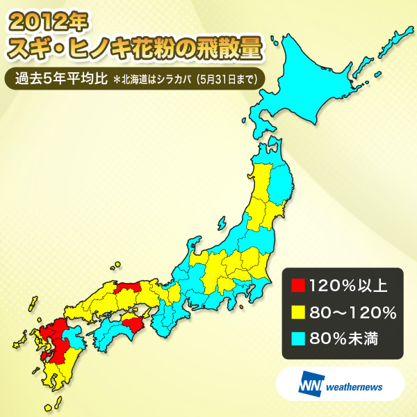 2012年スギ・ヒノキ花粉の飛散量 過去5年平均比